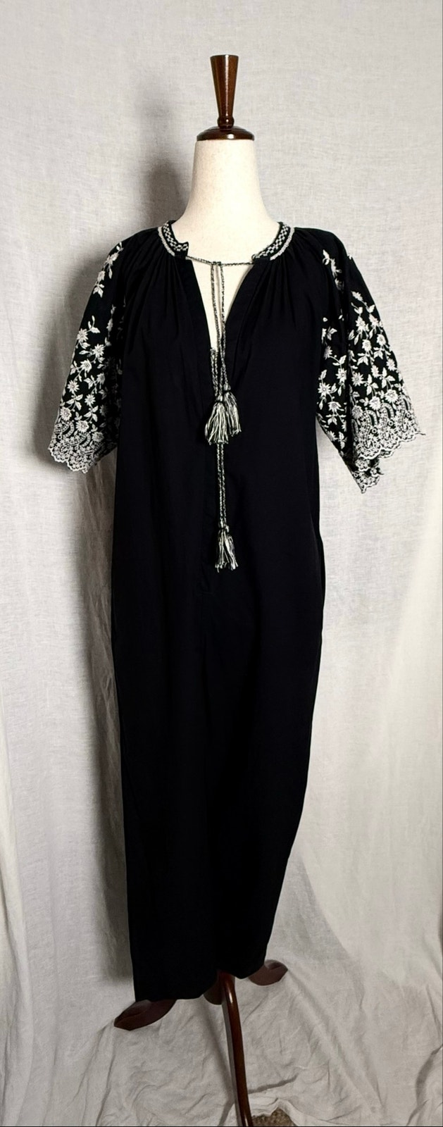 Ulla Johnson Alexi Floral Embroidered Jumpsuit Black Cotton Boho Ivory Tassel 0
